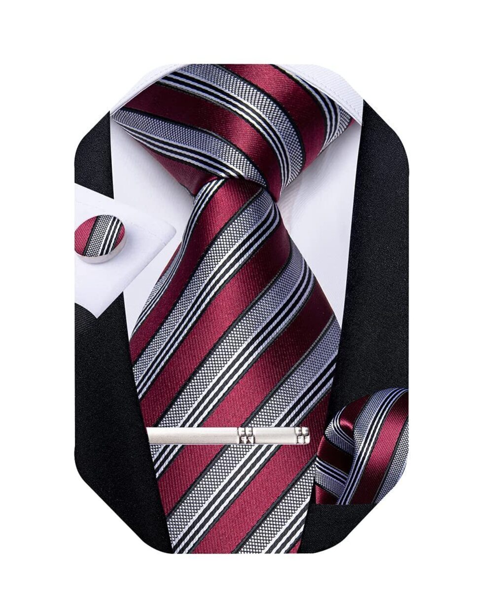 1168 Striped Tie Silk Woven Necktie and Pocket Square Cufflinks Tie Clip